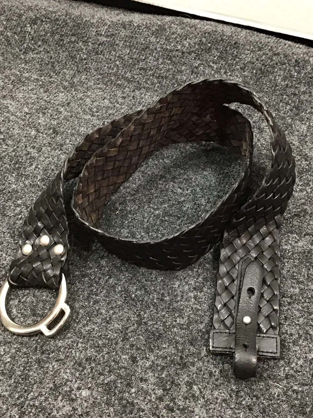 Vintage Y2K wide black leather woven hip belt silver ring buckle